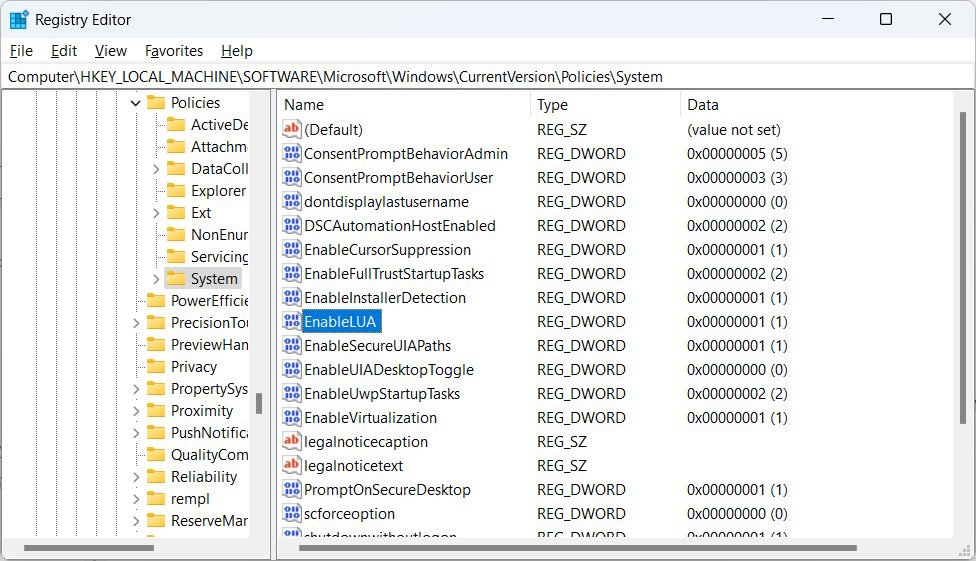 Clicking on EnableLUA key in Registry Editor.
