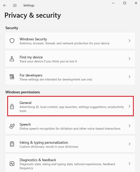 Navigating to "General" under "Privacy & security" in Windows Settings.