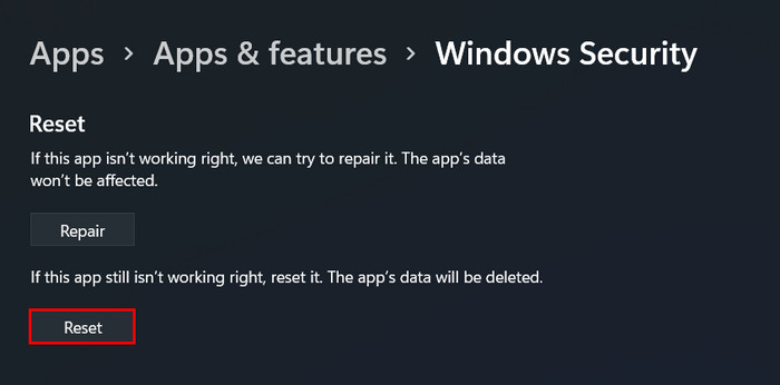 Clicking "Reset" button under Windows Security.