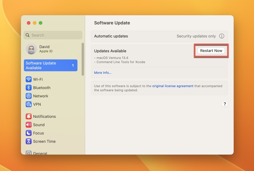 Restart Now Highlighted