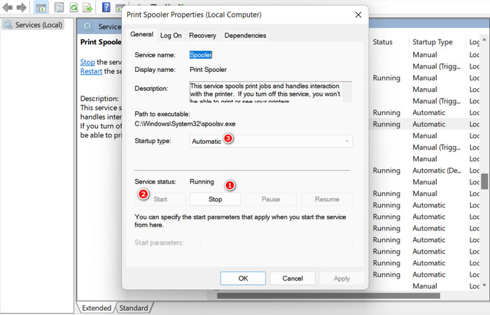 Settings "Startup type" to "Automatic" in Print Spooler Properties window.