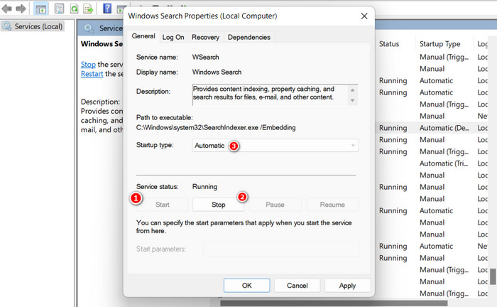 Restarting the Windows Search service.