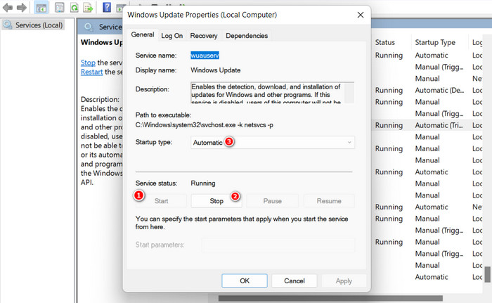 Stopping and restarting Windows Update service.