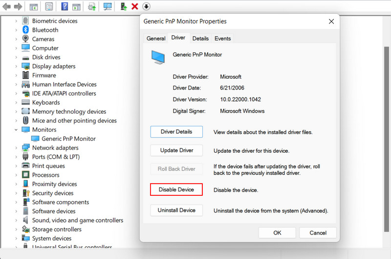 Restarting the PnP monitor driver in Device Manager.