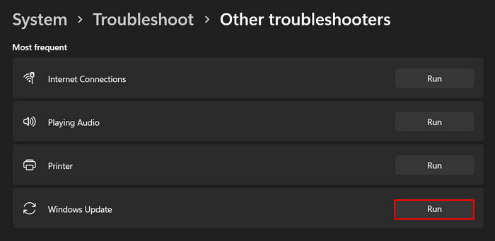 Click "Run" button next to Windows Update troubleshooter.
