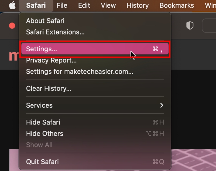 Safari Settings Button From Top Menu