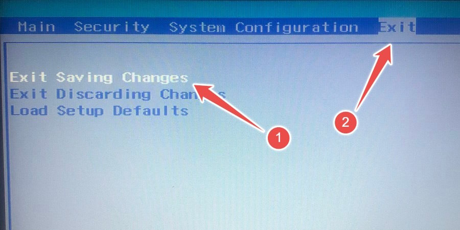 Clicking "Exit Saving Changes" option under Exit menu.