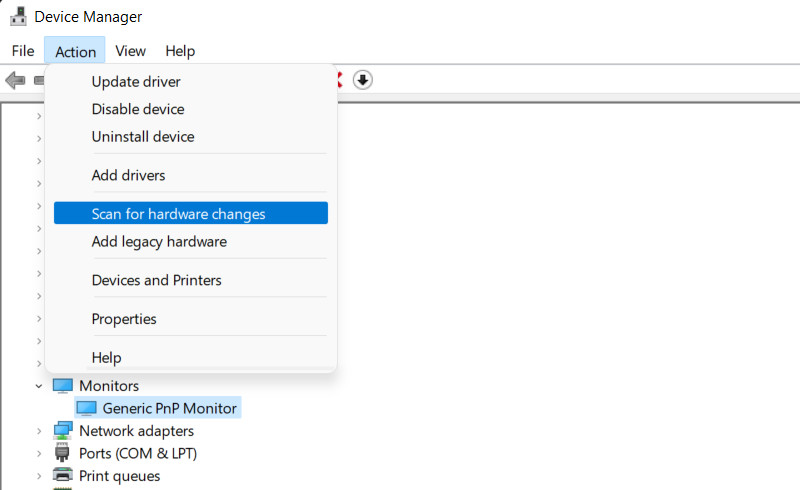 Click on "Scan for Hardware Changes" in the Device Manager.
