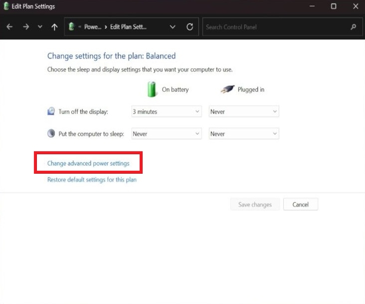 Clicking on "Change advanced power settings" in "Edit power plan."
