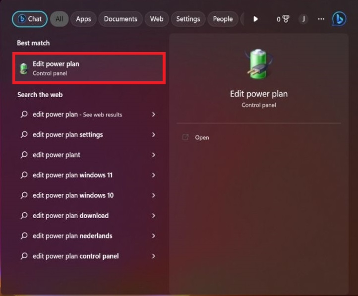 "Edit power plan" option in Windows Search. 