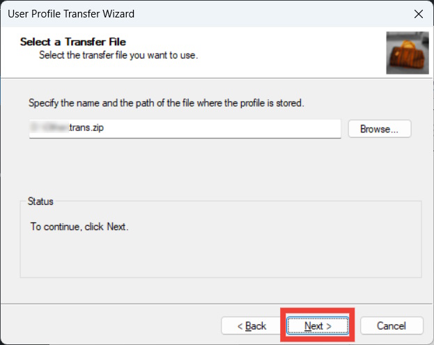 The "Select a Transfer File" page in Transwiz on Windows, with the "Next" button highlighted,