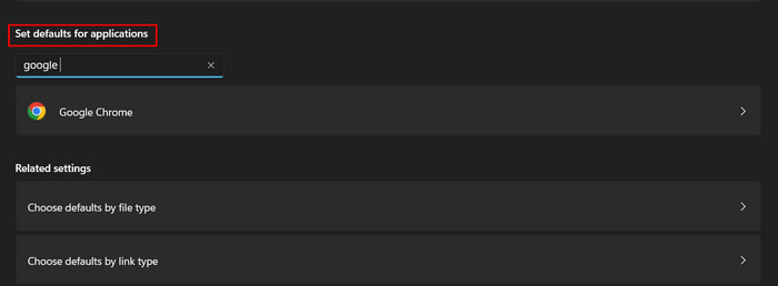 Searching for an app under "Set defaults for applications" section.