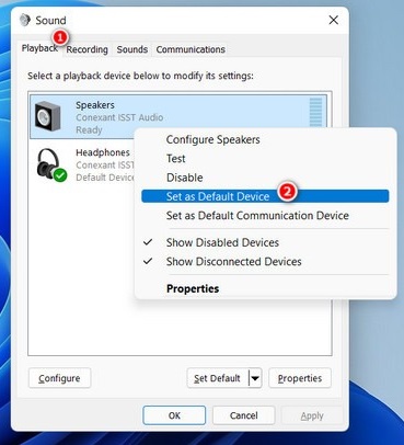 Clicking on "Set a Default Device" option in Sound window via Control Panel. 