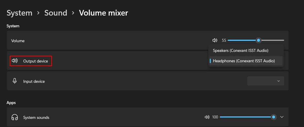 Clicking on "Output device" under "Volume mixer" in Settings. 