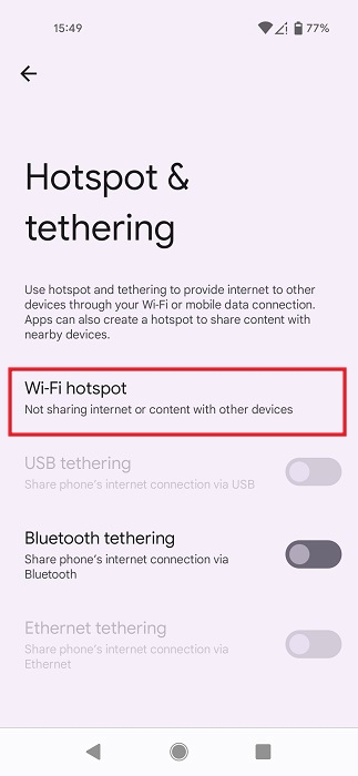 Opting for "Wi-Fi hotspot" option.