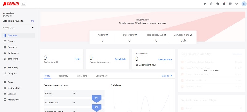 Shoplazza Ecommerce Website Builder Review Dashboard