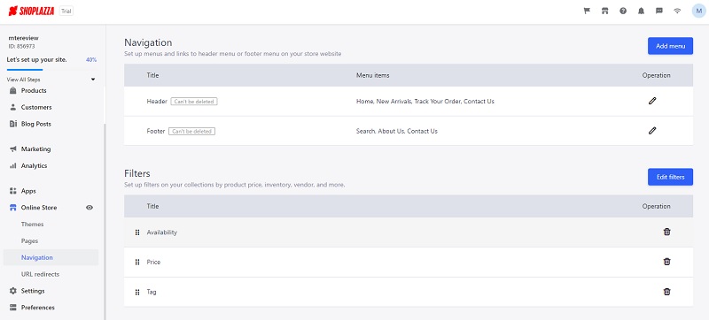 Shoplazza Ecommerce Website Builder Review Navigation