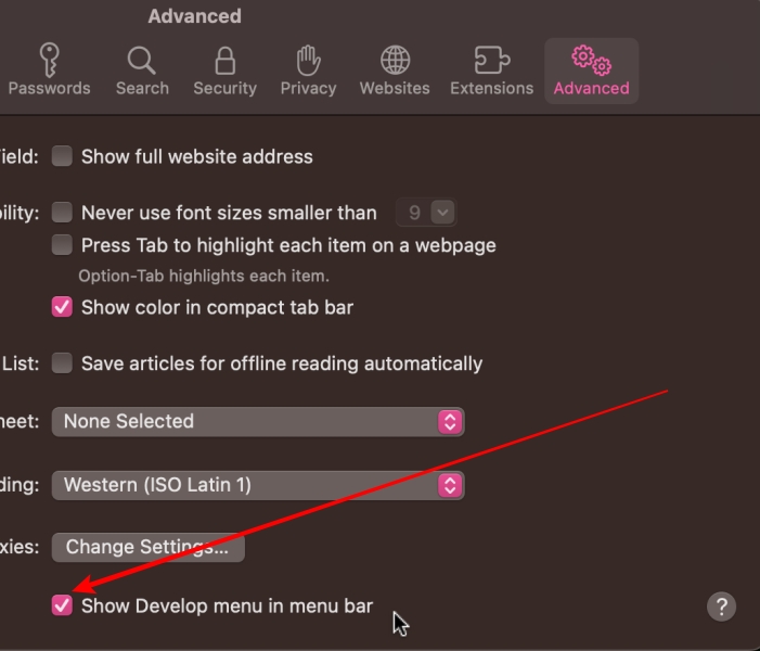 Show Develop Menu In Menu Bar Option On Safari Settings