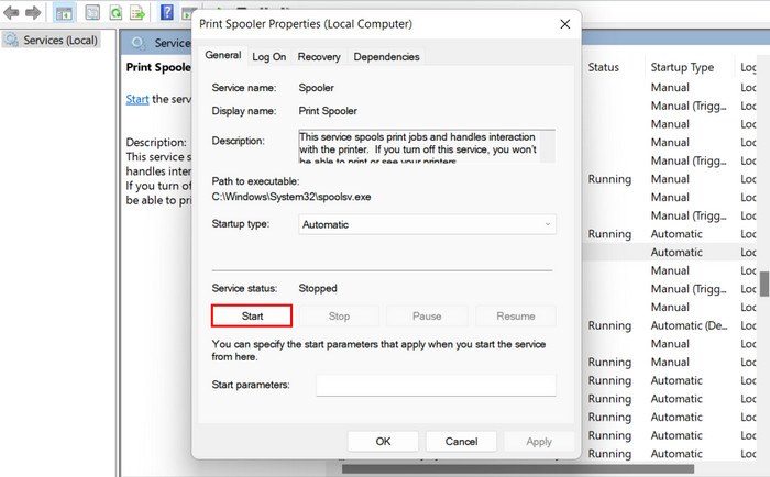 Clicking "Start" for Print Spooler service.
