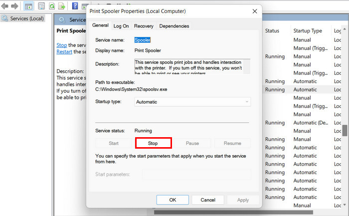 Clicking "Stop" to halt the Print Spooler service.