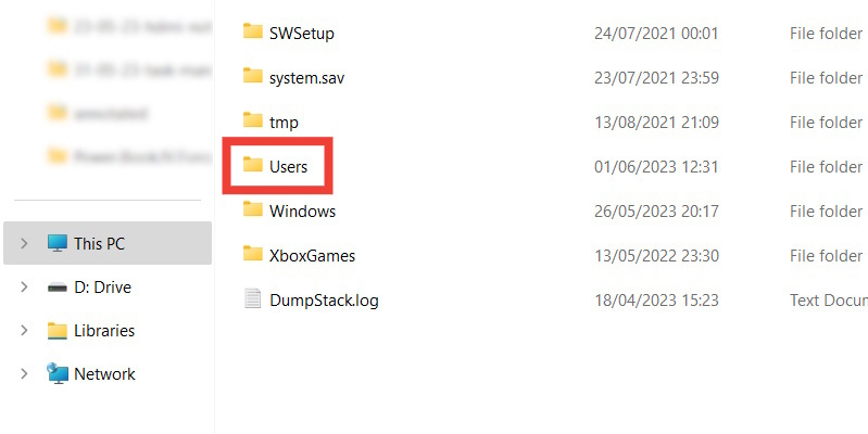 Navigating to "Users" folder under "This PC" in File Explorer.