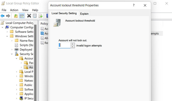 Setting value to "0" for Account Lockout Threshold policy.