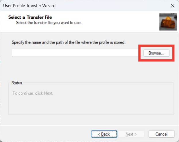 The "Select a Transfer File" page in Transwiz on Windows, with the "Browse" button highlighted,