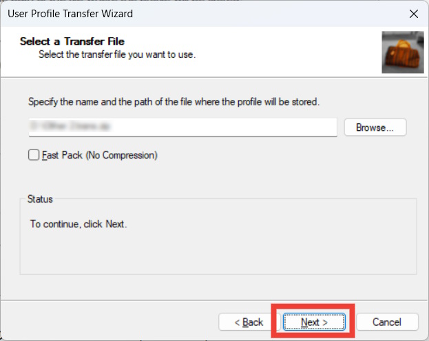 The "Select a Transfer File" page in Transwiz on Windows, with the "Next" button highlighted.