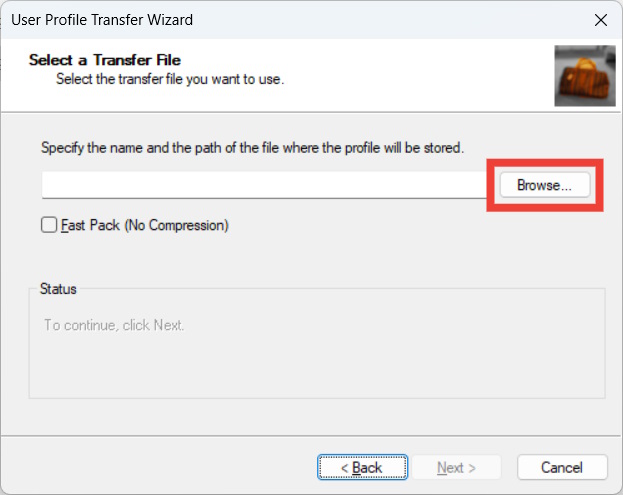 The "Select a Transfer File" page in Transwiz on Windows, with the "Browse" button highlighted,