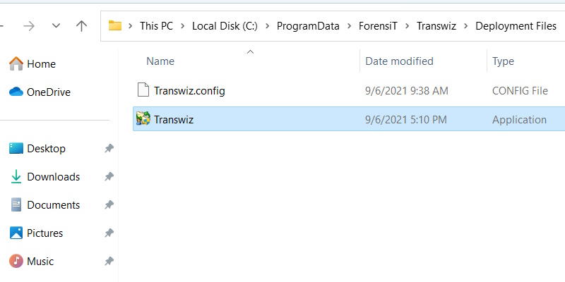 The Transwiz folder on Windows, with the EXE file highlighted.