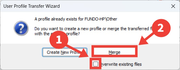 The process of choosing to merge a profile with another in Transwiz for Windows.