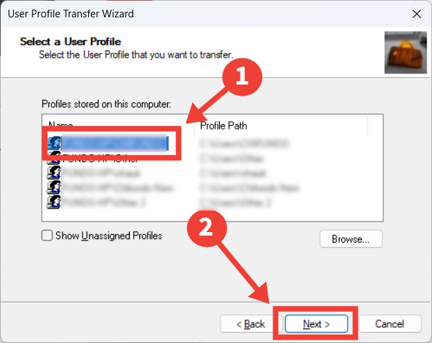 The process of choosing a profile to transfer data to in Transwiz on Windows.