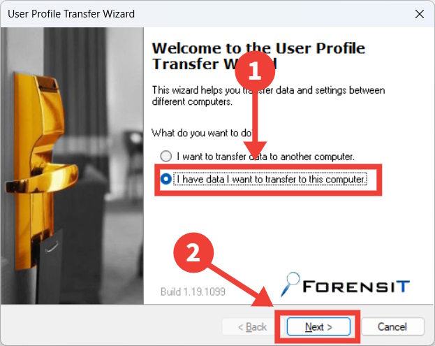 The Transwiz Welcome page on Windows, with the process of choosing to transfer data highlighted.