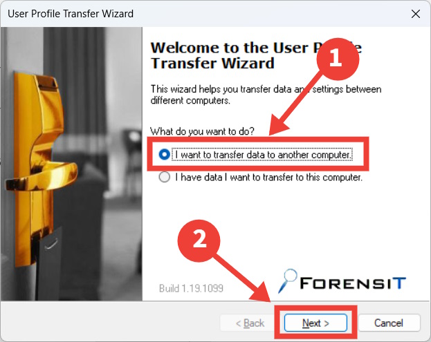 The Transwiz Welcome page on Windows, with the process of choosing to transfer data highlighted.