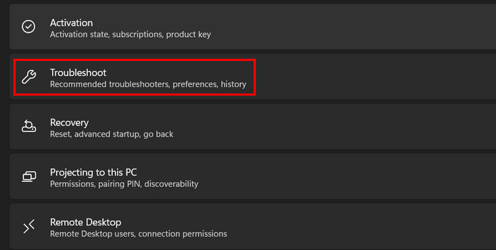 Clicking on "Troubleshoot" option in Windows Settings.