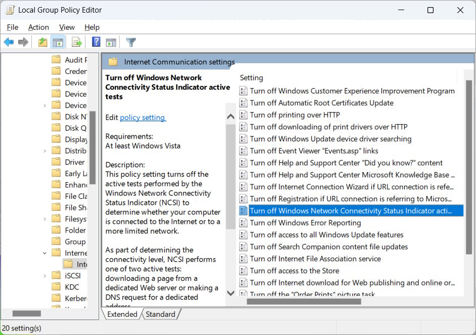 The "Turn off Windows Network Connectivity Status Indicator active tests" policy.