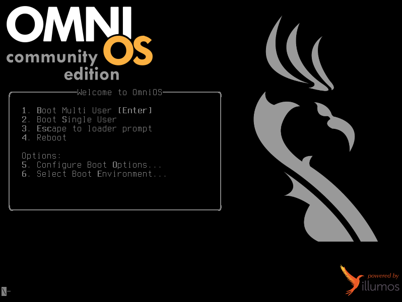 A screenshot of the OmniOS BSD bootloader.