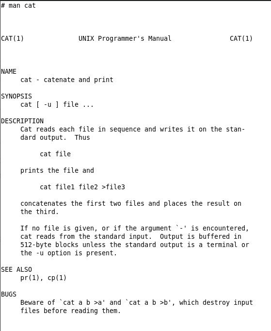 A screenshot of the 7th Edition Research UNIX's cat man page.
