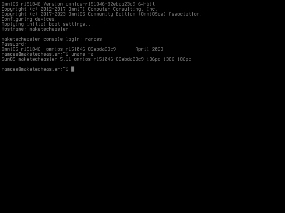 A console showing a basic OmniOS prompt.