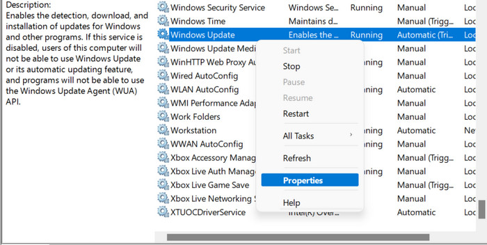 Bringing up context menu for "Windows Update" service.