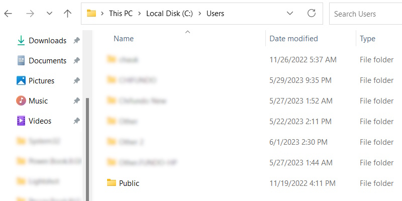 The folders inside the Users folder on Windows.