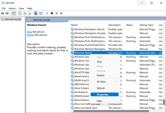 Access the properties for Windows Search service. 