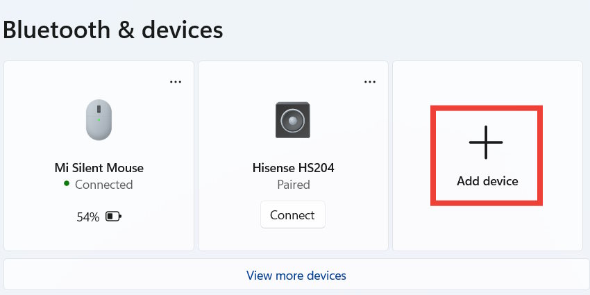 Windows 11 Bluetooth settings, with the "Add Device" button highlighted.