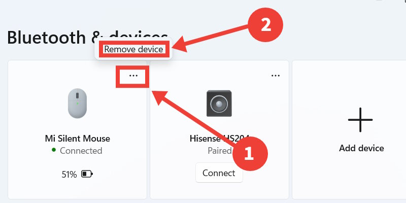The process of removing a Bluetooth device on Windows 11.