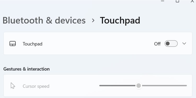 The touchpad turned off in Windows 11 Settings.