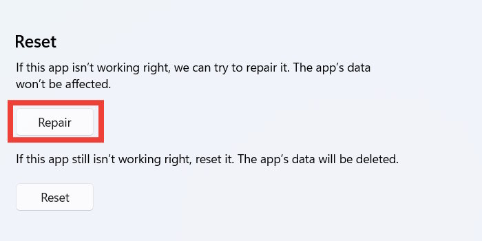 Clicking on "Repair" button under app in Settings.