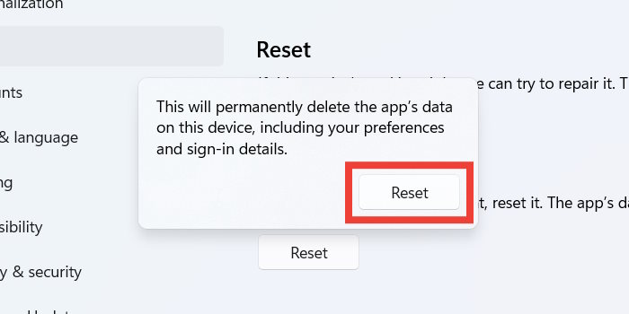 Reset pop-up confirmation message.