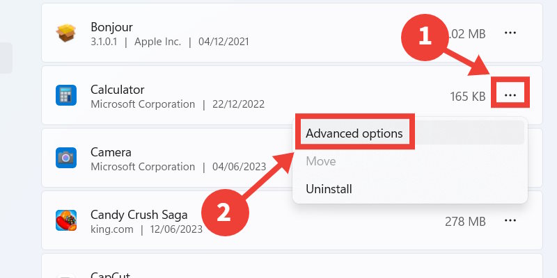 Going to the "Advanced Options" of the Calculator app on Windows.