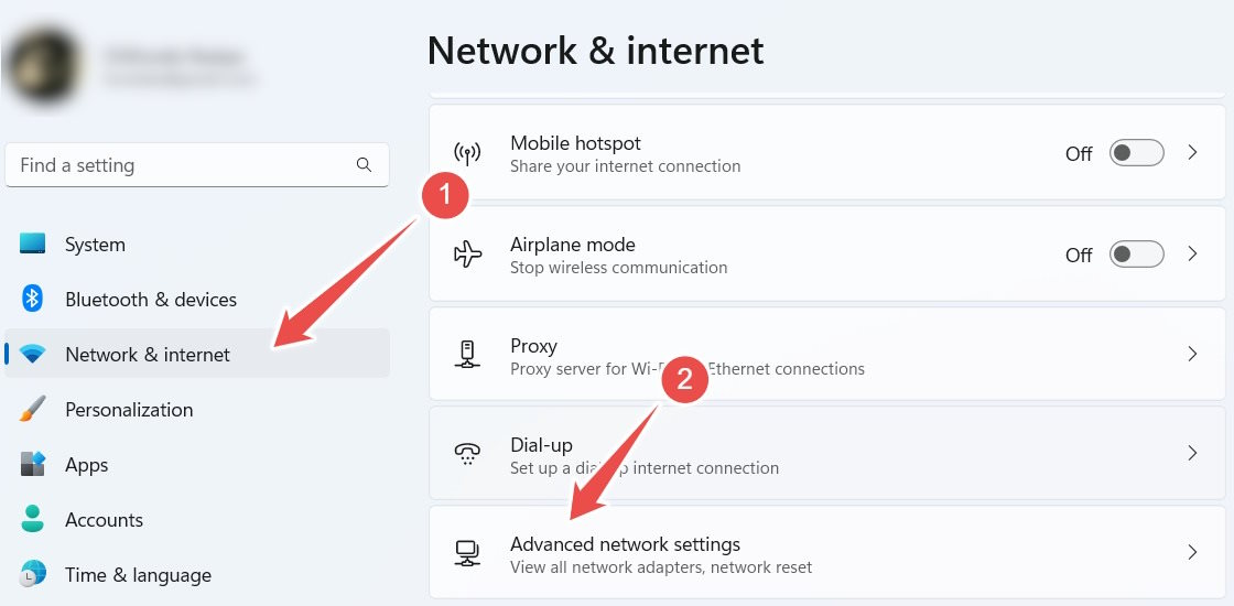 Navigating to Advanced network settings on Windows 11.