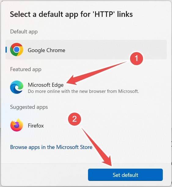 Setup to choose default app on Windows 11.